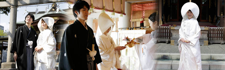写真:白鬚神社での和装結婚式・白無垢の花嫁・紋付の新郎